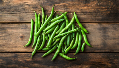 Many raw green beans on wooden table, flat lay