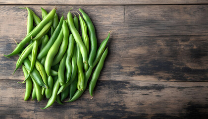 Many raw green beans on wooden table, flat lay