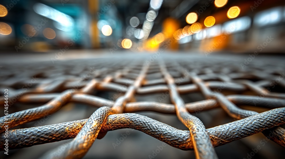 Wall mural macro shot of metallic wire mesh with woven patterns and textured surfaces in sharp focus, represent