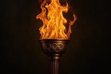 Olympic ceremonial torch burning brightly with golden flames against stadium backdrop