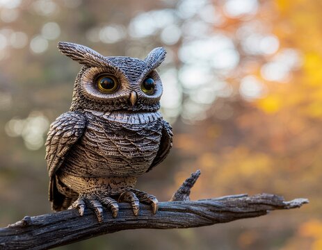 Mechanical owl perches on metal limb as dusk sky glimmers behind