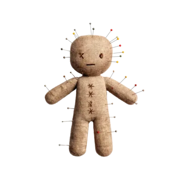Minimalist halloween design of creepy voodoo doll with needles on transparent background