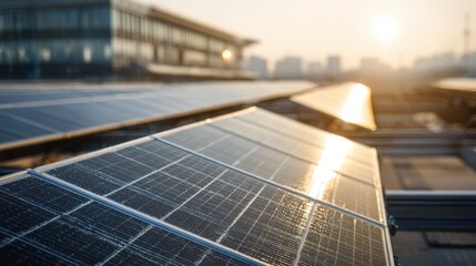Medium shot of solar panels mounted on a warehouse roof sharply focused against a softly blurred industrial background highlighting energyefficient sustainable design.