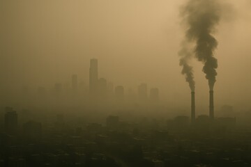 Obraz premium Polluted city skyline shrouded in thick smog with industrial smokestacks emphasizing environmental crisis and climate change
