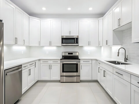 Modern u shaped white kitchen with stainless steel appliances