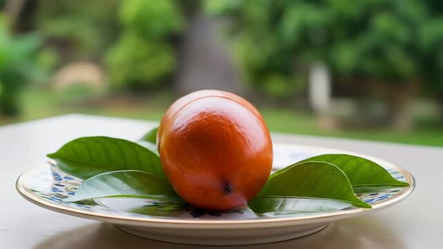 Close-up of a ripe lucuma fruit on a decorative plate with green leaves.