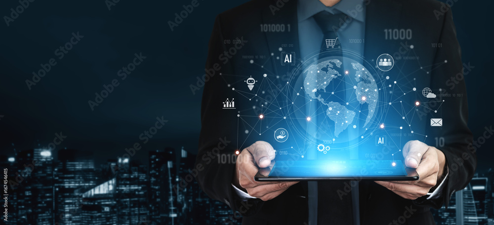 Poster global ai-powered digital network ecosystem connecting data, finance, analytics, ecommerce, communic