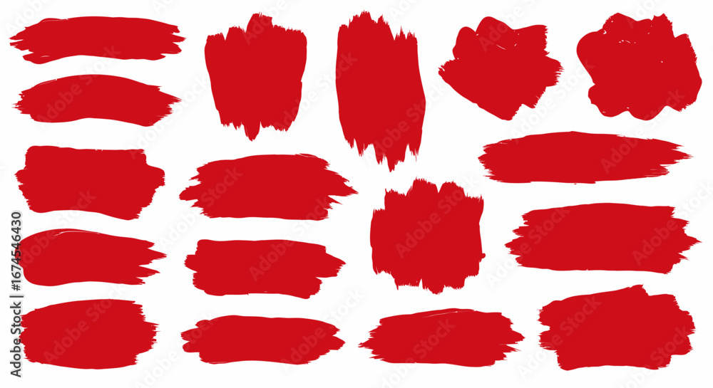 Poster collection of various red brush strokes and splatter paint marks representing artistic texture and c