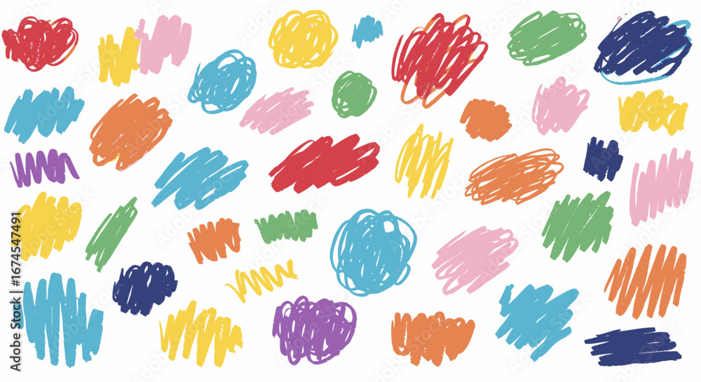 Poster a vibrant collection of hand drawn scribble shapes and colorful abstract brush strokes for creative 
