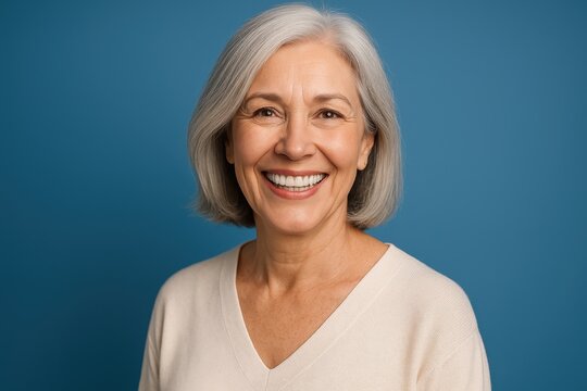 Radiant senior woman with silver hair displaying perfect smile and confident expression isolated on soft blue studio background