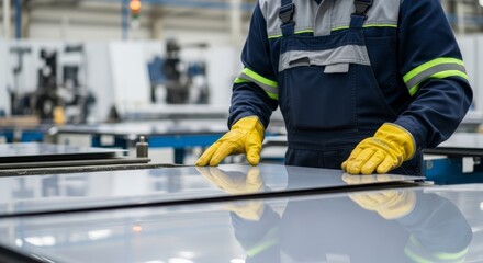 Fototapeta premium Industrial Worker in Blue Uniform and Yellow Gloves Handling a Reflective Metal Sheet in a Factory