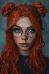 Young woman with vibrant red hair styled in buns, wearing glasses, showcases a captivating expression against a textured background, embodying creativity and individuality