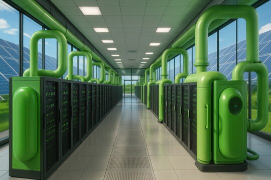 Renewable energy server farm powered by solar panels showcasing sustainable technology solutions