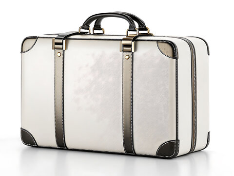Elegant white suitcase with intricate pattern and leather accents