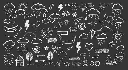 Collection of Weather Icons and Doodle Elements Drawn with Chalk on a Dark Textured Background for Creative Design Projects