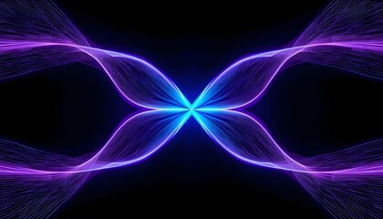 Symmetrical wave pattern in blue, purple, and pink light, ideal for energy, tech, or abstract digital art visuals Radiating light trails forming mirrored design abstract flowing lines with vibrant 