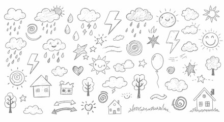 Fototapeta premium Whimsical Hand Drawn Weather Elements and Outdoor Scenes for Creative Projects