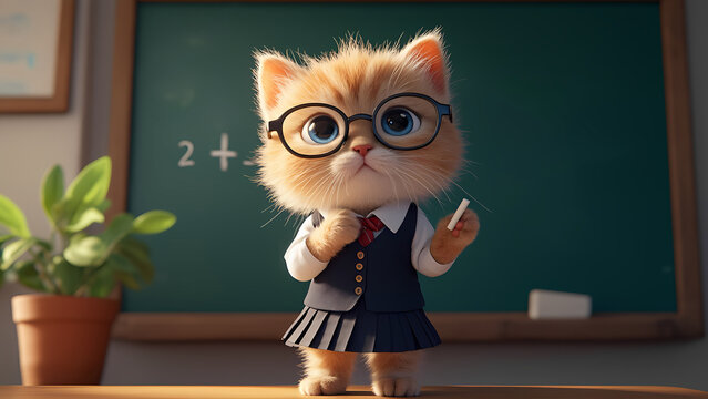 cute kitten schoolgirl stands at the blackboard in the classroom, with chalk in her paw and thoughtfully solves the problem.