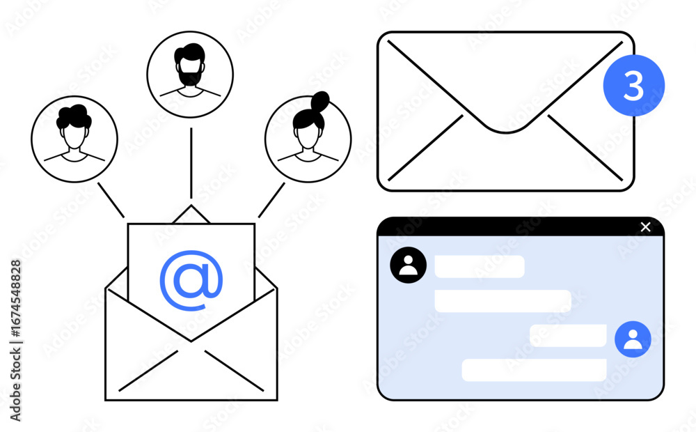 Poster open envelope with emails, user connections, notification badge, webmail interface. ideal for commun