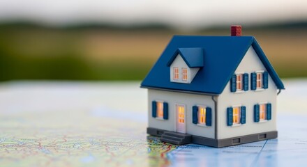 Miniature House with Glowing Lights Sitting on a Travel Map Outdoors