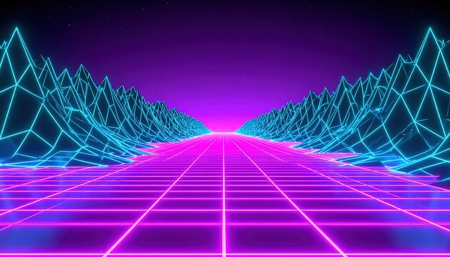 Retro Neon Grid Valley Horizon with Cyan and Magenta Haze and Abstract Geometric Design