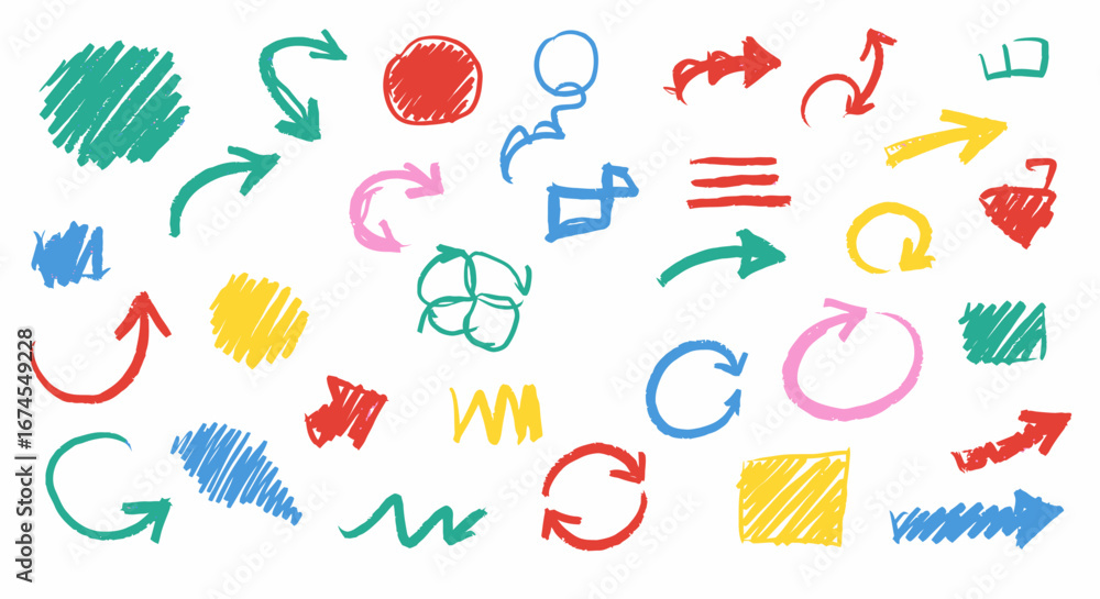 Poster a colorful collection of hand drawn arrows shapes and scribbles representing ideas and concepts in a