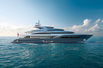 Sleek grey superyacht with multiple decks cruises on calm blue ocean luxury yacht boat