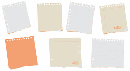 Collection of Torn and Aged Paper Notes with Lined and Grid Backgrounds Showing Wrinkles and Rough Edges Perfect for Collage or Scrapbooking Projects Background Textures
