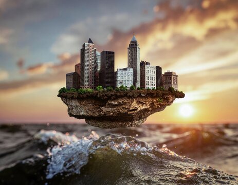 Urban island drifts above sea under glowing sunset, dreamy urban fantasy