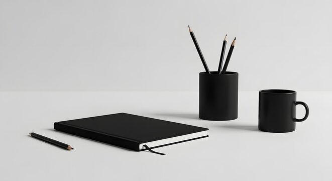 Minimalist black stationery set including a notebook pen pencil holder with pencils and a mug on a clean white background