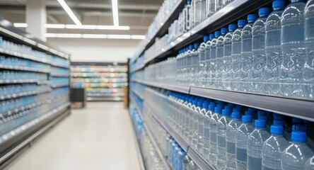 Clear Plastic Water Bottles on Supermarket Shelves with Bright Lighting