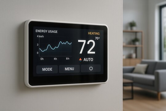 Smart home climate control system with digital interface displaying temperature and energy efficiency metrics on modern wall panel