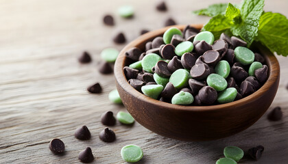 Close-up of mint chocolate chip candies in a rustic wooden bowl. Refreshing green mint candies with dark chocolate chips are scattered on a light wooden surface, garnished with fresh mint leaves