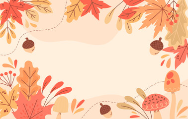 Beautiful autumn landscape background with vibrant orange, red, and yellow leaves, sunlight filtering through trees, fallen leaves on the ground, peaceful and natural atmosphere.