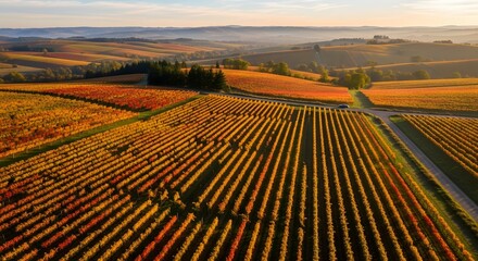 Golden hour aerial view of rolling hills covered in vineyard rows during autumn harvest season with warm sunlight