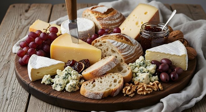 Gourmet cheese board with assorted cheeses bread grapes nuts and jam presented on a rustic wooden platter for a delightful culinary experience - Powered by Adobe