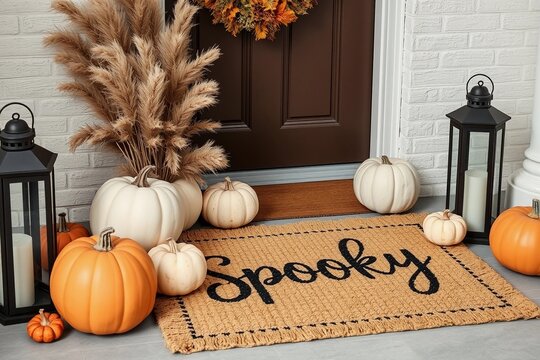 Fall porch with pumpkins, lanterns, and spooky doormat