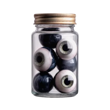 Isolated container of eyeballs creating eerie Halloween mood on transparent background