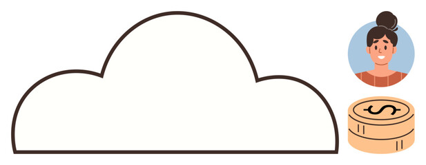 Empty cloud outline near woman avatar and stacked coins. Ideal for digital economy, financial service, remote storage, fintech, user access, cloud integration, simple flat metaphor