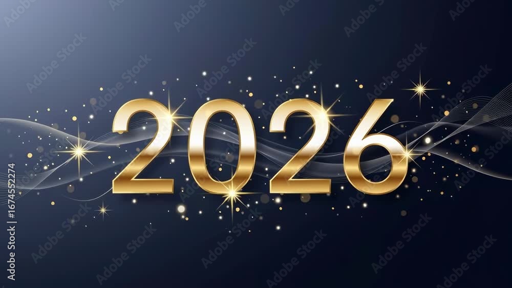Poster golden numbers 2026 on dark background with glittering particles and wavy lines, festive event conce