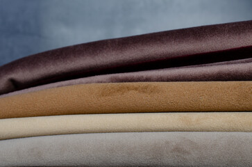 Furniture Textile samples. Soft upholstery fabrics. Collection of rough fabric for sofa, couch or chair. Tissue catalog for interior design.