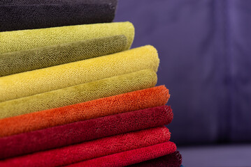 Furniture Textile samples. Soft upholstery fabrics. Collection of rough fabric for sofa, couch or...