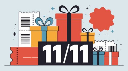 A promotional graphic featuring gifts tickets and the date november eleventh for shopping sales event