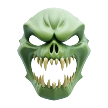 Centered composition of scary monster mask with pointed fangs on transparent background