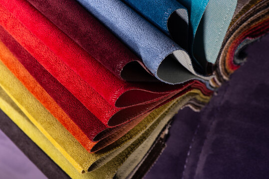 Furniture Textile samples. Soft upholstery fabrics. Collection of rough fabric for sofa, couch or chair. Tissue catalog for interior design.