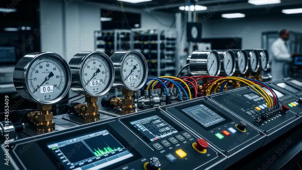 Poster highresolution image of pressure gauges and control panels used in subsea battery pod endurance test