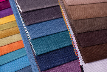 Furniture Textile samples. Soft upholstery fabrics. Collection of rough fabric for sofa, couch or chair. Tissue catalog for interior design.