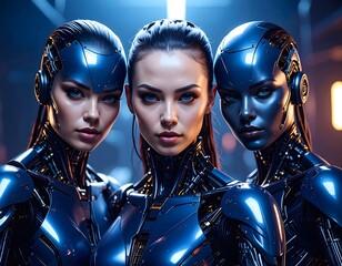 A captivating fisheye selfie of three alluring robot women.