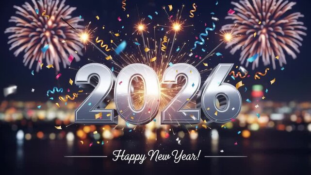 Silver 2026 numbers with confetti and fireworks display for New Year's Eve celebration. Festive holiday background. Festive video.