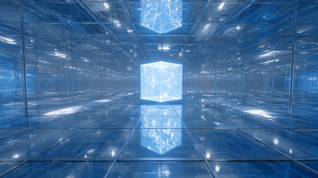 Futuristic Holographic Data Cube Rotating in a Reflective Blue Hall with Dynamic Lighting Effects and Mysterious Atmosphere - Powered by Adobe
